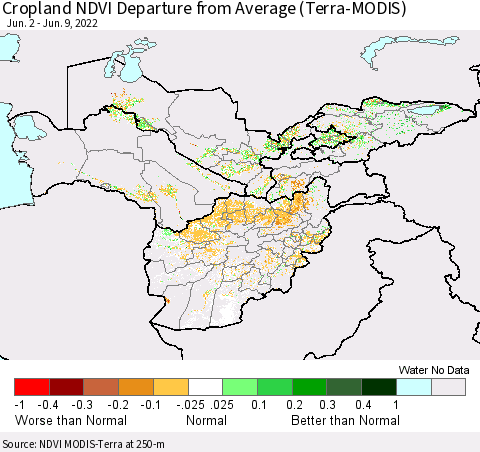 Central Asia Cropland NDVI Departure from Average (Terra-MODIS) Thematic Map For 6/2/2022 - 6/9/2022