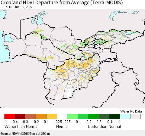 Central Asia Cropland NDVI Departure from Average (Terra-MODIS) Thematic Map For 6/10/2022 - 6/17/2022