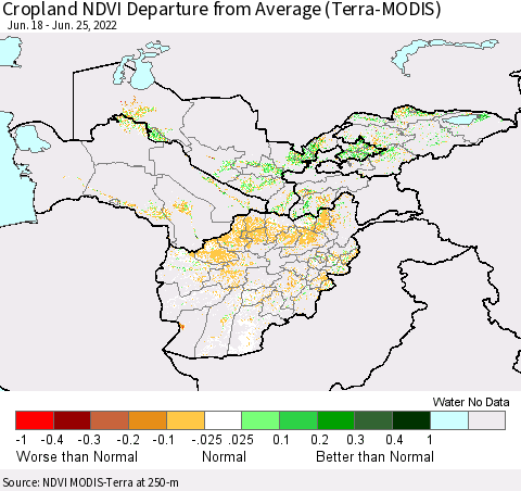 Central Asia Cropland NDVI Departure from Average (Terra-MODIS) Thematic Map For 6/18/2022 - 6/25/2022