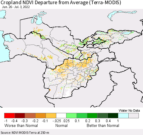 Central Asia Cropland NDVI Departure from Average (Terra-MODIS) Thematic Map For 6/26/2022 - 7/3/2022