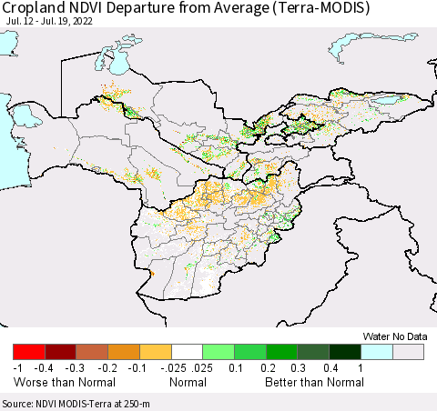 Central Asia Cropland NDVI Departure from Average (Terra-MODIS) Thematic Map For 7/12/2022 - 7/19/2022