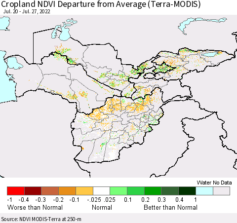 Central Asia Cropland NDVI Departure from Average (Terra-MODIS) Thematic Map For 7/20/2022 - 7/27/2022