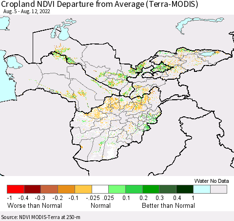 Central Asia Cropland NDVI Departure from Average (Terra-MODIS) Thematic Map For 8/5/2022 - 8/12/2022
