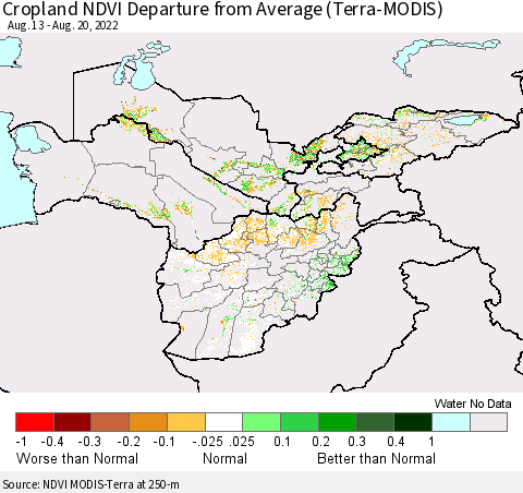 Central Asia Cropland NDVI Departure from Average (Terra-MODIS) Thematic Map For 8/13/2022 - 8/20/2022