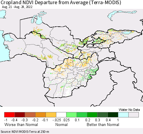 Central Asia Cropland NDVI Departure from Average (Terra-MODIS) Thematic Map For 8/21/2022 - 8/28/2022