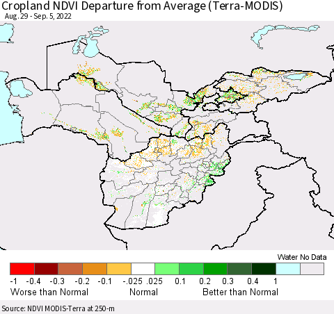 Central Asia Cropland NDVI Departure from Average (Terra-MODIS) Thematic Map For 8/29/2022 - 9/5/2022