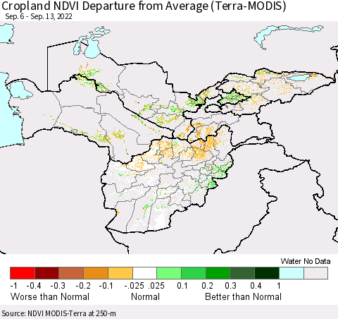 Central Asia Cropland NDVI Departure from Average (Terra-MODIS) Thematic Map For 9/6/2022 - 9/13/2022