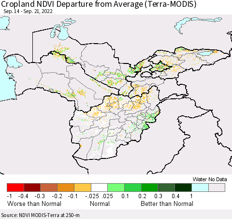 Central Asia Cropland NDVI Departure from Average (Terra-MODIS) Thematic Map For 9/14/2022 - 9/21/2022