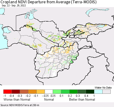 Central Asia Cropland NDVI Departure from Average (Terra-MODIS) Thematic Map For 9/22/2022 - 9/29/2022