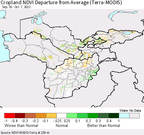 Central Asia Cropland NDVI Departure from Average (Terra-MODIS) Thematic Map For 9/30/2022 - 10/7/2022