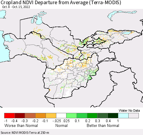 Central Asia Cropland NDVI Departure from Average (Terra-MODIS) Thematic Map For 10/8/2022 - 10/15/2022