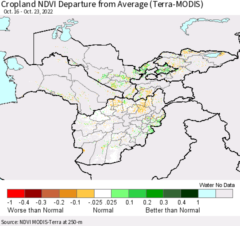 Central Asia Cropland NDVI Departure from Average (Terra-MODIS) Thematic Map For 10/16/2022 - 10/23/2022