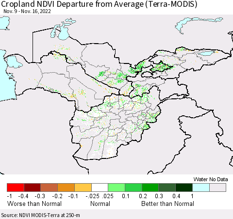 Central Asia Cropland NDVI Departure from Average (Terra-MODIS) Thematic Map For 11/9/2022 - 11/16/2022