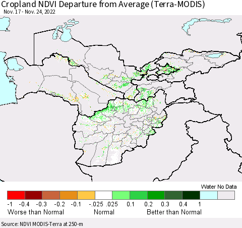 Central Asia Cropland NDVI Departure from Average (Terra-MODIS) Thematic Map For 11/17/2022 - 11/24/2022