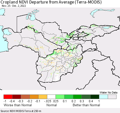 Central Asia Cropland NDVI Departure from Average (Terra-MODIS) Thematic Map For 11/25/2022 - 12/2/2022