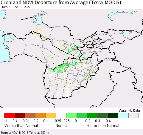 Central Asia Cropland NDVI Departure from Average (Terra-MODIS) Thematic Map For 12/3/2022 - 12/10/2022