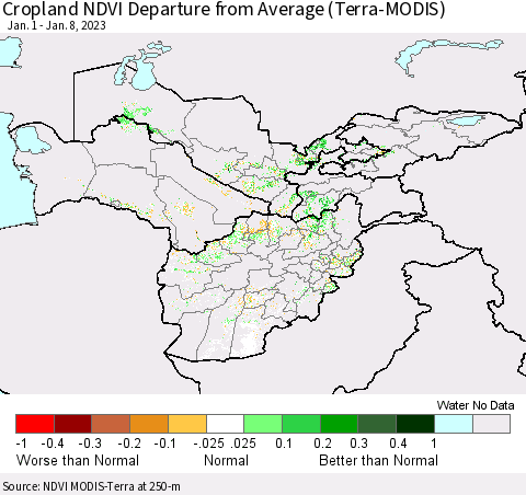 Central Asia Cropland NDVI Departure from Average (Terra-MODIS) Thematic Map For 1/1/2023 - 1/8/2023