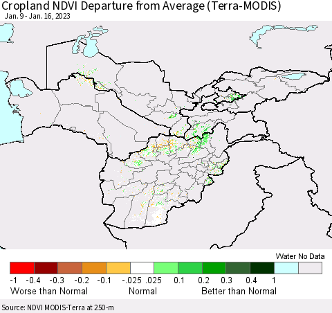 Central Asia Cropland NDVI Departure from Average (Terra-MODIS) Thematic Map For 1/9/2023 - 1/16/2023