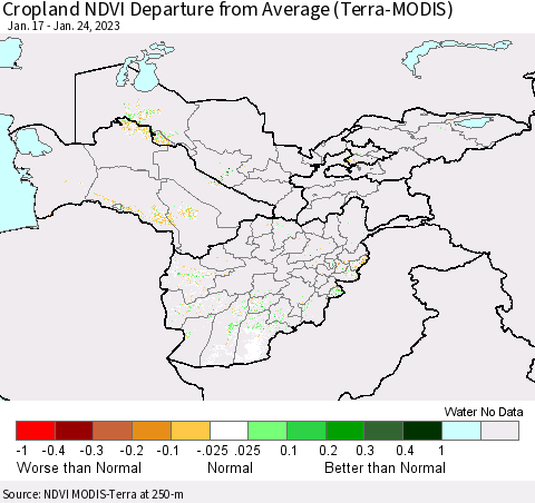 Central Asia Cropland NDVI Departure from Average (Terra-MODIS) Thematic Map For 1/17/2023 - 1/24/2023