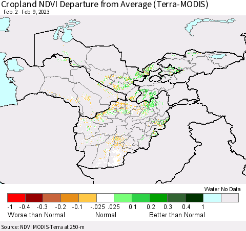 Central Asia Cropland NDVI Departure from Average (Terra-MODIS) Thematic Map For 2/2/2023 - 2/9/2023