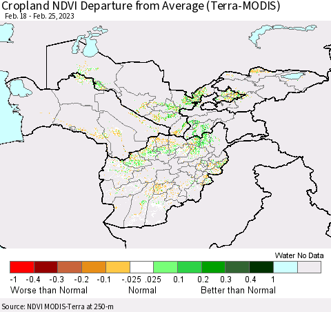 Central Asia Cropland NDVI Departure from Average (Terra-MODIS) Thematic Map For 2/18/2023 - 2/25/2023