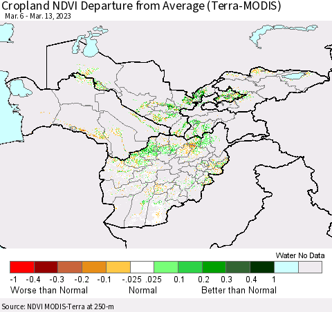 Central Asia Cropland NDVI Departure from Average (Terra-MODIS) Thematic Map For 3/6/2023 - 3/13/2023