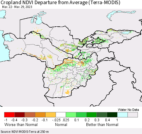 Central Asia Cropland NDVI Departure from Average (Terra-MODIS) Thematic Map For 3/22/2023 - 3/29/2023