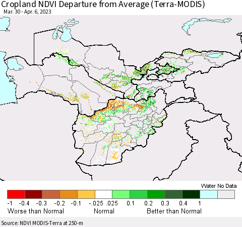 Central Asia Cropland NDVI Departure from Average (Terra-MODIS) Thematic Map For 3/30/2023 - 4/6/2023