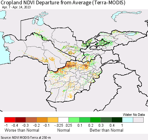 Central Asia Cropland NDVI Departure from Average (Terra-MODIS) Thematic Map For 4/7/2023 - 4/14/2023