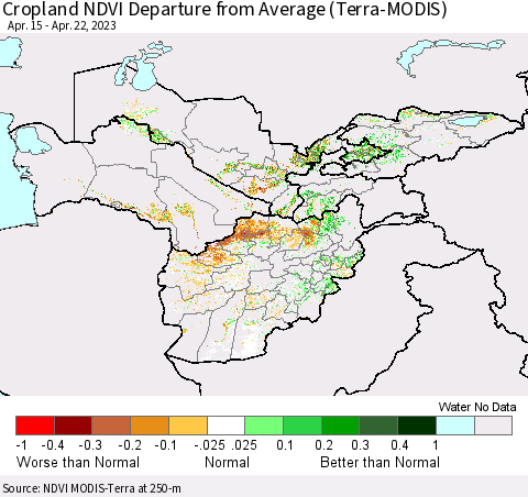 Central Asia Cropland NDVI Departure from Average (Terra-MODIS) Thematic Map For 4/15/2023 - 4/22/2023