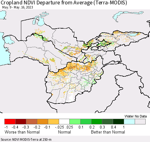 Central Asia Cropland NDVI Departure from Average (Terra-MODIS) Thematic Map For 5/9/2023 - 5/16/2023