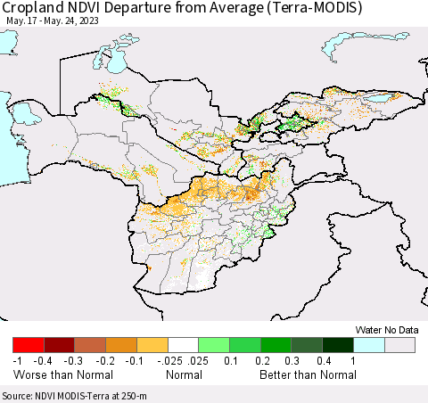 Central Asia Cropland NDVI Departure from Average (Terra-MODIS) Thematic Map For 5/17/2023 - 5/24/2023