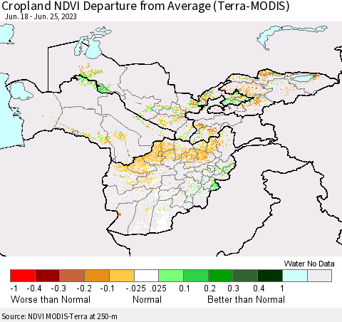 Central Asia Cropland NDVI Departure from Average (Terra-MODIS) Thematic Map For 6/18/2023 - 6/25/2023