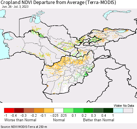 Central Asia Cropland NDVI Departure from Average (Terra-MODIS) Thematic Map For 6/26/2023 - 7/3/2023