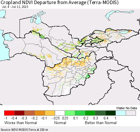 Central Asia Cropland NDVI Departure from Average (Terra-MODIS) Thematic Map For 7/4/2023 - 7/11/2023