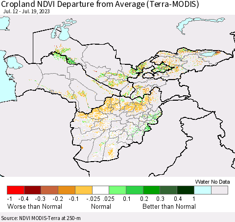 Central Asia Cropland NDVI Departure from Average (Terra-MODIS) Thematic Map For 7/12/2023 - 7/19/2023