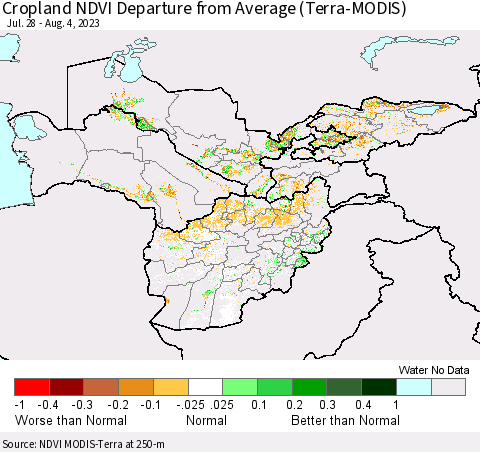 Central Asia Cropland NDVI Departure from Average (Terra-MODIS) Thematic Map For 7/28/2023 - 8/4/2023