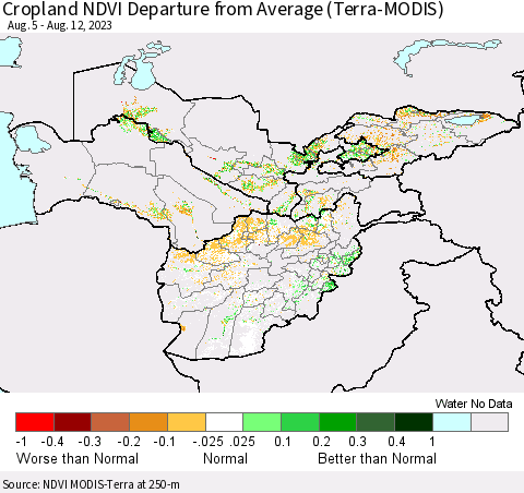 Central Asia Cropland NDVI Departure from Average (Terra-MODIS) Thematic Map For 8/5/2023 - 8/12/2023