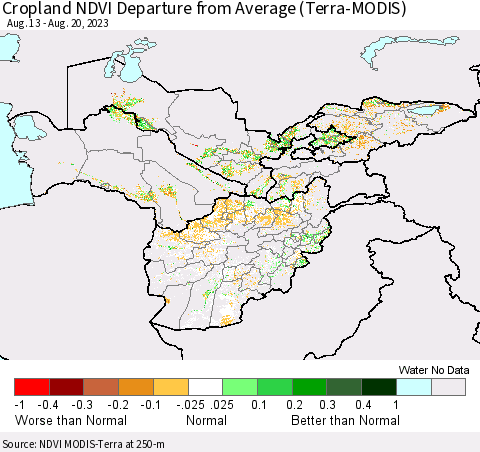 Central Asia Cropland NDVI Departure from Average (Terra-MODIS) Thematic Map For 8/13/2023 - 8/20/2023