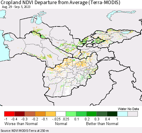 Central Asia Cropland NDVI Departure from Average (Terra-MODIS) Thematic Map For 8/29/2023 - 9/5/2023