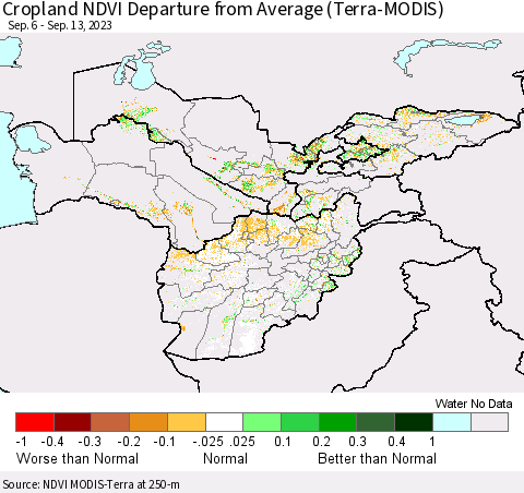 Central Asia Cropland NDVI Departure from Average (Terra-MODIS) Thematic Map For 9/6/2023 - 9/13/2023