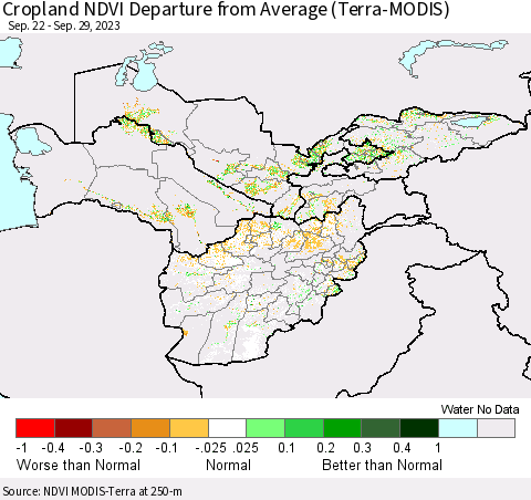 Central Asia Cropland NDVI Departure from Average (Terra-MODIS) Thematic Map For 9/22/2023 - 9/29/2023