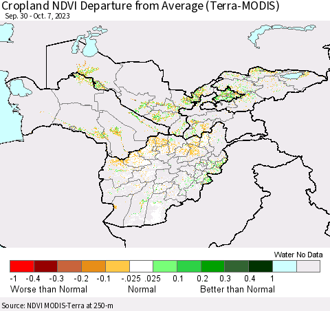 Central Asia Cropland NDVI Departure from Average (Terra-MODIS) Thematic Map For 9/30/2023 - 10/7/2023