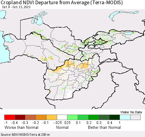 Central Asia Cropland NDVI Departure from Average (Terra-MODIS) Thematic Map For 10/8/2023 - 10/15/2023