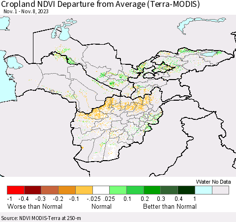 Central Asia Cropland NDVI Departure from Average (Terra-MODIS) Thematic Map For 11/1/2023 - 11/8/2023
