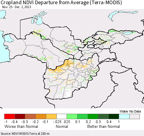Central Asia Cropland NDVI Departure from Average (Terra-MODIS) Thematic Map For 11/25/2023 - 12/2/2023