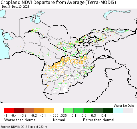 Central Asia Cropland NDVI Departure from Average (Terra-MODIS) Thematic Map For 12/3/2023 - 12/10/2023