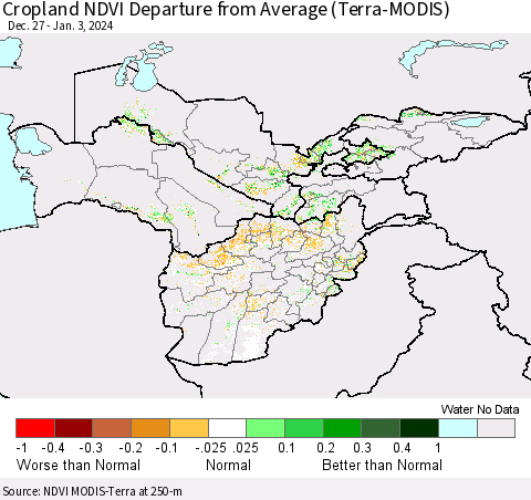 Central Asia Cropland NDVI Departure from Average (Terra-MODIS) Thematic Map For 12/27/2023 - 1/3/2024