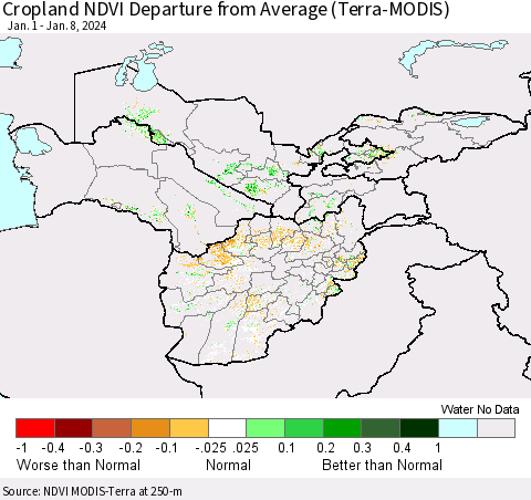Central Asia Cropland NDVI Departure from Average (Terra-MODIS) Thematic Map For 1/1/2024 - 1/8/2024