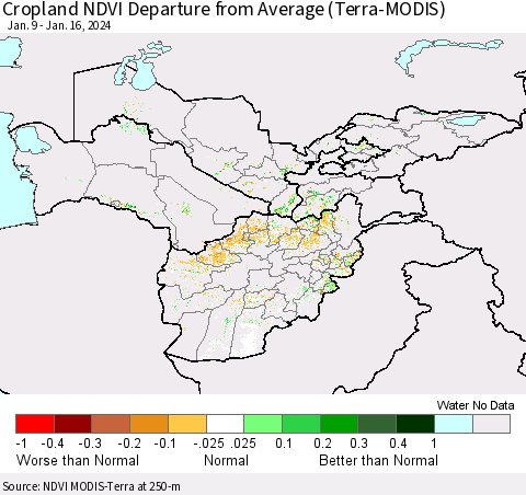 Central Asia Cropland NDVI Departure from Average (Terra-MODIS) Thematic Map For 1/9/2024 - 1/16/2024
